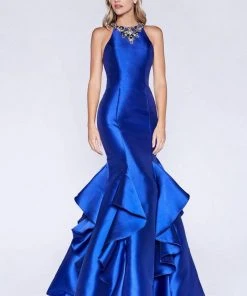 Formal Gowns Cinderella Divine - Sleeveless Jeweled Halter Ruffled Mermaid Dress