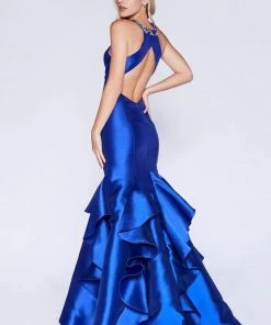Formal Gowns Cinderella Divine - Sleeveless Jeweled Halter Ruffled Mermaid Dress