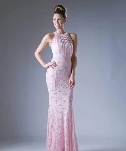 Cinderella Divine - Sleeveless Lace Illusion Halter Sheath Dress