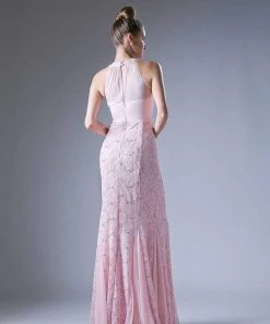 Cinderella Divine - Sleeveless Lace Illusion Halter Sheath Dress