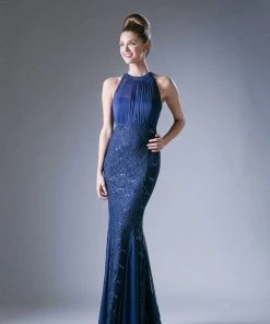 Cinderella Divine - Sleeveless Lace Illusion Halter Sheath Dress