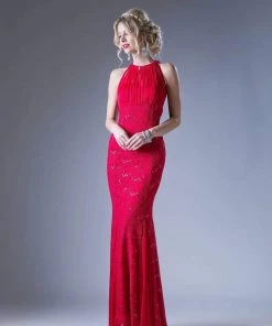 Cinderella Divine - Sleeveless Lace Illusion Halter Sheath Dress