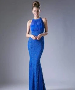 Cinderella Divine - Sleeveless Lace Illusion Halter Sheath Dress