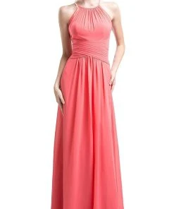 Cinderella Divine - Sleeveless Ruched Halter A-line Dress Formal Gowns