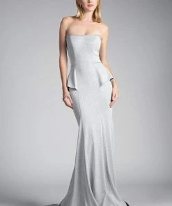Cinderella Divine - Strapless Straight Neck Metallic Knit Dress Formal Gowns