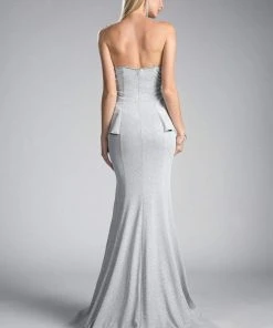 Cinderella Divine - Strapless Straight Neck Metallic Knit Dress Formal Gowns