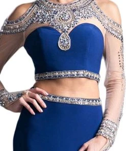 Cinderella Divine - Two Piece Rhinestone Embellished Long Sleeves Gown Formal Gowns