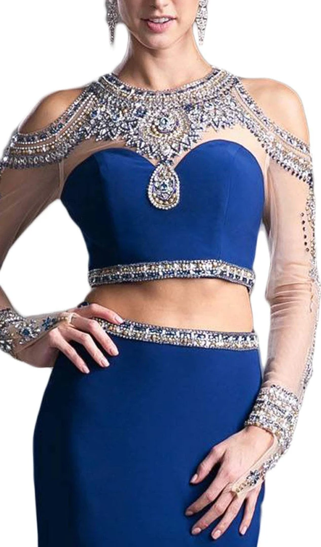 Cinderella Divine - Two Piece Rhinestone Embellished Long Sleeves Gown Formal Gowns 4 Cinderella Divine - Two Piece Rhinestone Embellished Long Sleeves Gown Formal Gowns