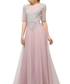 Cinderella Divine - U101 Beaded Lace Bateau A-line Dress With Train Formal Gowns