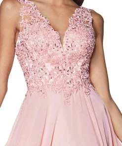 Cinderella Divine - UJ0123 Long Beaded Lace Chiffon A-Line Dress Formal Gowns