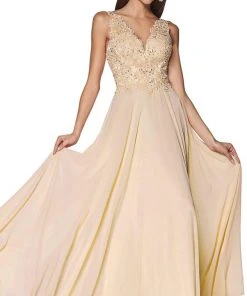 Cinderella Divine - UJ0123 Long Beaded Lace Chiffon A-Line Dress Formal Gowns