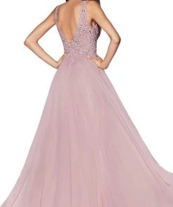 Cinderella Divine - UJ0123 Long Beaded Lace Chiffon A-Line Dress Formal Gowns