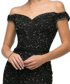 Formal Gowns Cinderella Divine - UK012 Off Shoulder Beaded Lace Ornate Sheath Gown