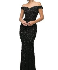 Formal Gowns Cinderella Divine - UK012 Off Shoulder Beaded Lace Ornate Sheath Gown