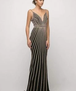 Cinderella Divine - UK017 Gold Beaded Stripe Sheath Gown Formal Gowns