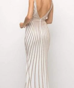 Cinderella Divine - UK017 Gold Beaded Stripe Sheath Gown Formal Gowns
