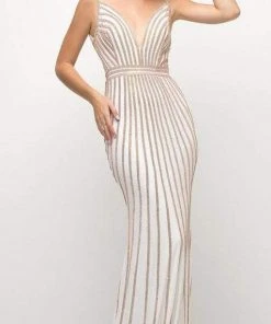 Cinderella Divine - UK017 Gold Beaded Stripe Sheath Gown Formal Gowns