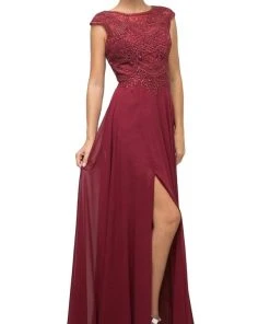 Cinderella Divine - UL035 Beaded Lace Bodice Scallop Cap Sleeve Chiffon Gown - 1 Pc Burgundy In Size M Available Formal Gowns