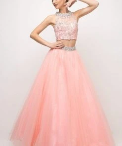 Cinderella Divine - UM078 Appliqued Crisscross Strapped Two-Piece Gown Formal Gowns