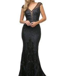 Cinderella Divine - UR138 Beaded Lace V-neck Trumpet Dress