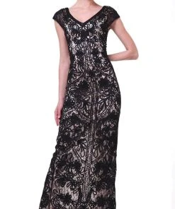 Cinderella Divine - 1937 V-neck Lace Overlay Sheath Evening Gown