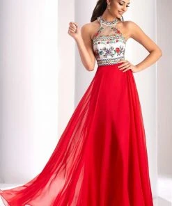 Clarisse - 3052 Embroidered Halter A-line Dress Formal Gowns