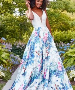 Formal Gowns Clarisse - 3538 Deep V-Neck Floral Mikado Evening Gown