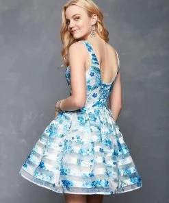 Clarisse - 3608 Floral Printed Deep V-neck Pleated A-line Dress