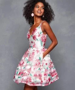 Clarisse - 3608 Floral Printed Deep V-neck Pleated A-line Dress