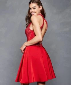 Clarisse - 3645 Beaded High Halter Satin A-line Dress