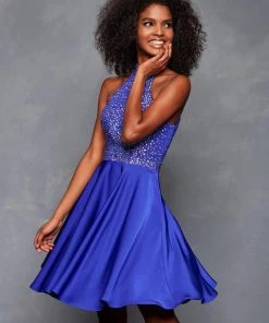 Clarisse - 3645 Beaded High Halter Satin A-line Dress