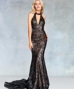 Clarisse - 3721 Sequined Plunging Halter Backless Gown