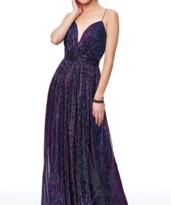 Clarisse - 3727 Plunging V-neck A-line Dress With Train