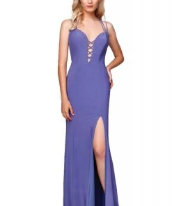 Clarisse - 3775 Crisscross-Accented Plunging Jersey Gown Formal Gowns