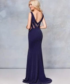 Clarisse - 3848 Chevron Illusion Paneled High Slit Gown