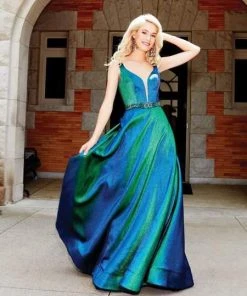 Clarisse - 3859 Embellished Deep V-neck A-line Dress Formal Gowns