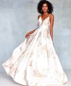 Clarisse - 3867 Deep V-neck Brocade Long A-line Dress Formal Gowns