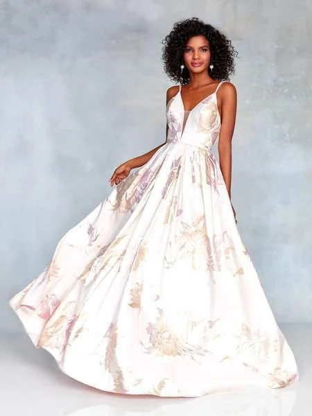 Clarisse - 3867 Deep V-neck Brocade Long A-line Dress Formal Gowns 3 Clarisse - 3867 Deep V-neck Brocade Long A-line Dress Formal Gowns