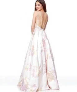 Clarisse - 3867 Deep V-neck Brocade Long A-line Dress Formal Gowns 5 Clarisse - 3867 Deep V-neck Brocade Long A-line Dress Formal Gowns