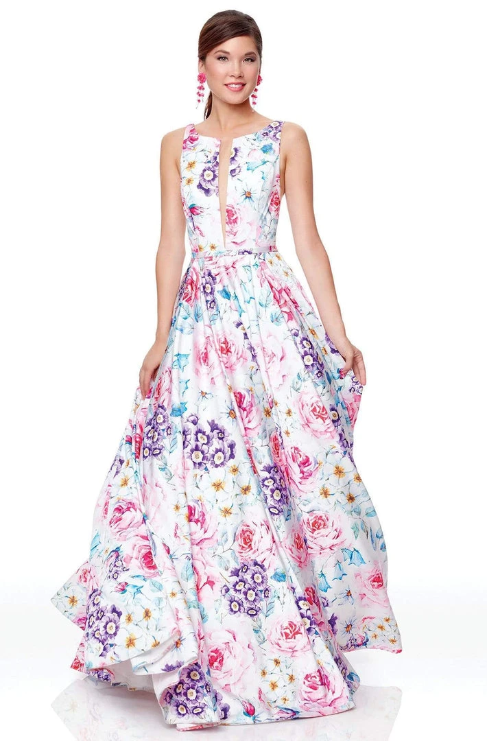 Formal Gowns Clarisse - 3874 Floral Printed Bateau Satin A-line Dress 3 Formal Gowns Clarisse - 3874 Floral Printed Bateau Satin A-line Dress