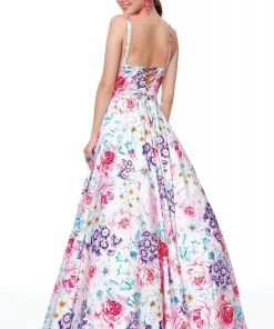 Formal Gowns Clarisse - 3874 Floral Printed Bateau Satin A-line Dress