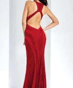 Clarisse - 4931 Embroidered Halter Sheath Dress