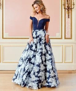 Clarisse - 4966 Off-Shoulder Plunging Floral Gown