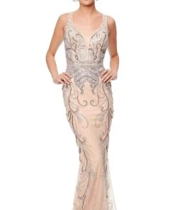 Clarisse - 5034 Beaded Deep V-neck Feathered Trumpet Dress