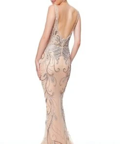 Clarisse - 5034 Beaded Deep V-neck Feathered Trumpet Dress
