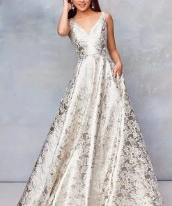 Clarisse - 5050 Sleeveless V-neck Brocade A-line Dress