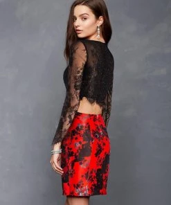 Clarisse - S4808 Two-Piece Long Sleeve Floral Print Sheath Dress Cocktail Dresses