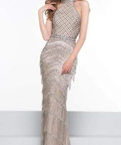 Colors Dress Formal Gowns Colors Couture - J074 Beaded Halter Fringe Sheath Dress