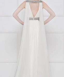 Colors Dress - 2083 Ruched Plunging Caped Evening Gown Formal Gowns