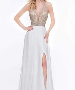 Formal Gowns Colors Dress - Floral Beaded Plunging Halter Chiffon Gown 2051